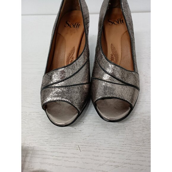 Sofft Womens Heels 6M Silver Pewter Leather Comfort Cone Heel Open Toe Slip On - Picture 5 of 11